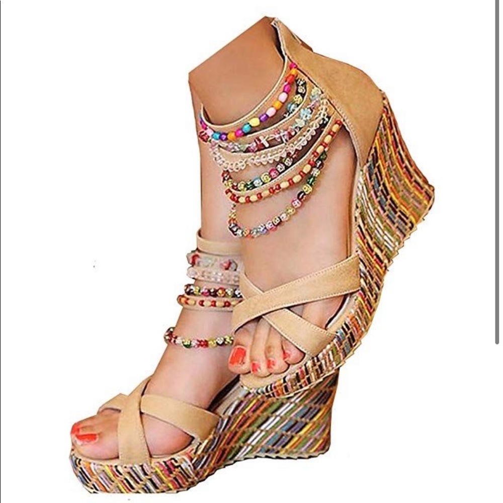 Getmorebeauty Platform Wedge Sandals with Pearl and Beaded Ankle Strap size 8.5